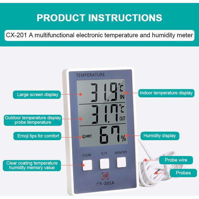 Mini Thermometer Electronic Digital Car Thermometer Indoor Outdoor  Multi-Function Thermometer Time Temperature Display with Probe