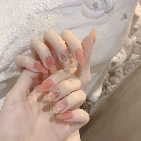 24 Pack Fake Nail Water Drop Shape Small Floral Decoration Sweet Girls Nails