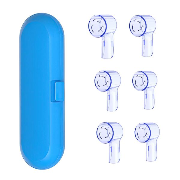 HORNORM Electric Toothbrush Travel Case for Oral-B Toothbrushes & 6Pcs Reusable Toothbrush Head Covers Compatible with Oral B Electric Toothbrush Heads (Blue)