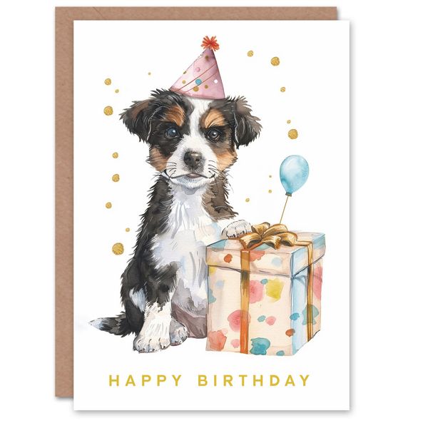 Birthday Card Cute Pet Puppy Dog in Party Hat Balloon For Girl Boy Kids