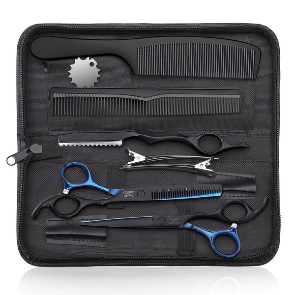 JASON Hairdressing Scissors Set Professional - Hair Scissors Set (Hair Cutting Scissors&Thinning Scissors) 6.5" Hair Scissors Hairdressing Scissors for Hairdresser/Beginner Hairdresser Set, Blue black