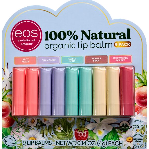 EOS Organic Lip Balm Juicy Peach Chamomile Mint Vanilla Strawberry, 9 Pack