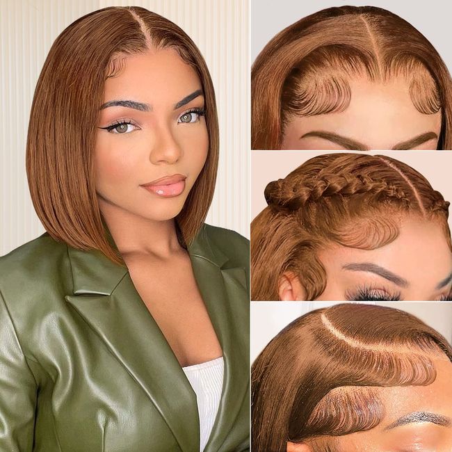 Eyefanniy Brown Bob Wig Human Hair 13x4 Lace Front Wigs Golden Brown Wig Short Straight Bob Lace Frontal Wigs for Black Women Pre Plucked with Baby Hair 180% Density 10 Inch