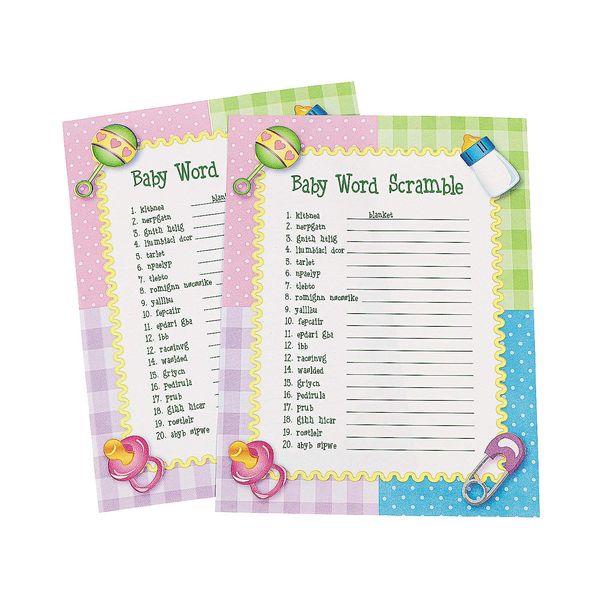 Fun Express Baby Shower Word Scramble Game for Baby, 24 Playing Sheets - Baby Shower and Gender Reveal Party Games