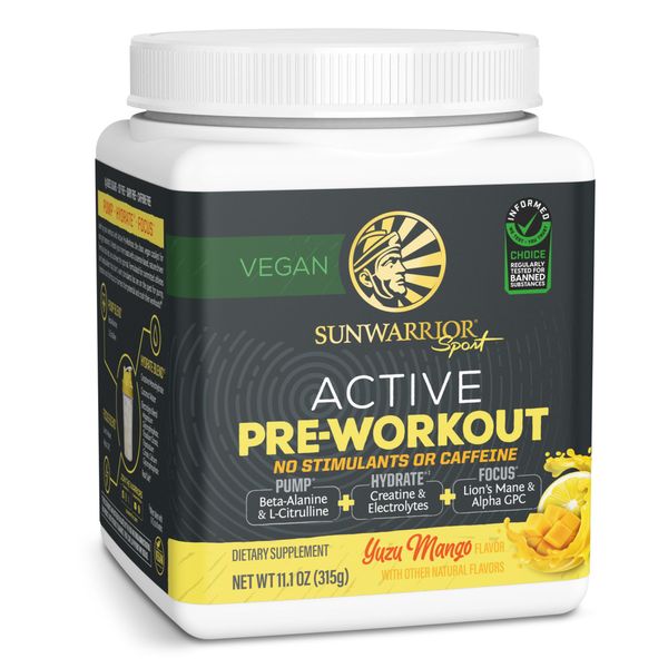 Pre Workout Powder Energy Drink Non-Stim & Caffeine Free | Vegan Plant-Based Pre-Workout Supplement | Pump Hydrate Focus Endurance & Strength Builder | Yuzu Mango Flavored 30 Serving Active Preworkout