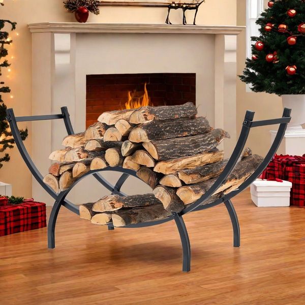 40" Curved Metal Firewood Rack Log Holder Wood Storage Organizer Fireplace Wood