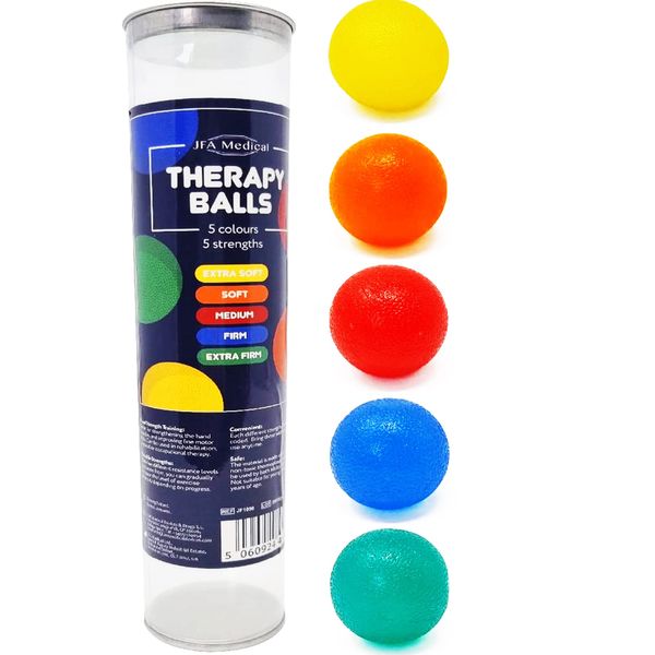 JFA Medical Hand Therapy Exercise Balls 5 Strengths - Extra Soft, Soft, Medium, Firm, Extra Firm