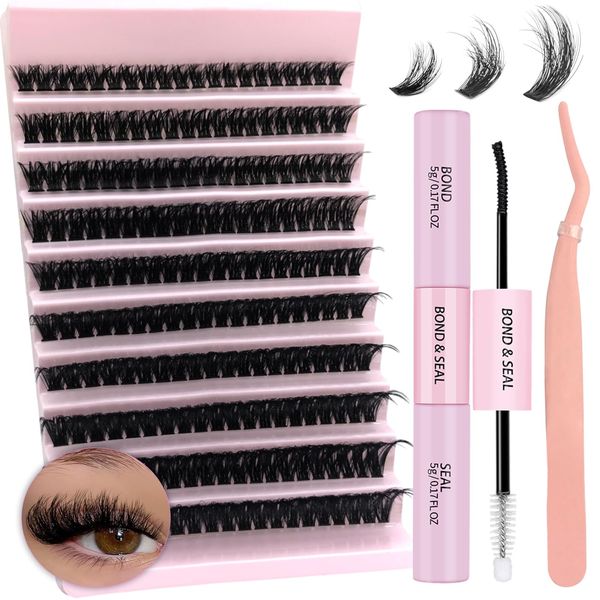 Lash Extension Kit 200PCS 80D Thick Individual Lashes Kit with Lash Bond and Seal and Lash Tweezers D Curl Eyelash Clusters 8-16MM Cluster Eyelashes DIY at Home, by TIMELYBS