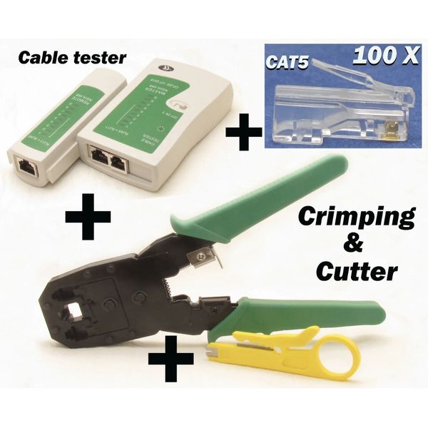Cable Tester +Crimp Crimper +100 RJ45 CAT5 CAT5e Connector Plug Network Tool Kit