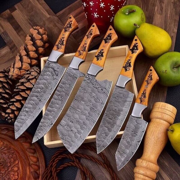 Handmade Kitchen Knife Set Japanese Damascus Pattern Chef 5 Knives Forged Steel