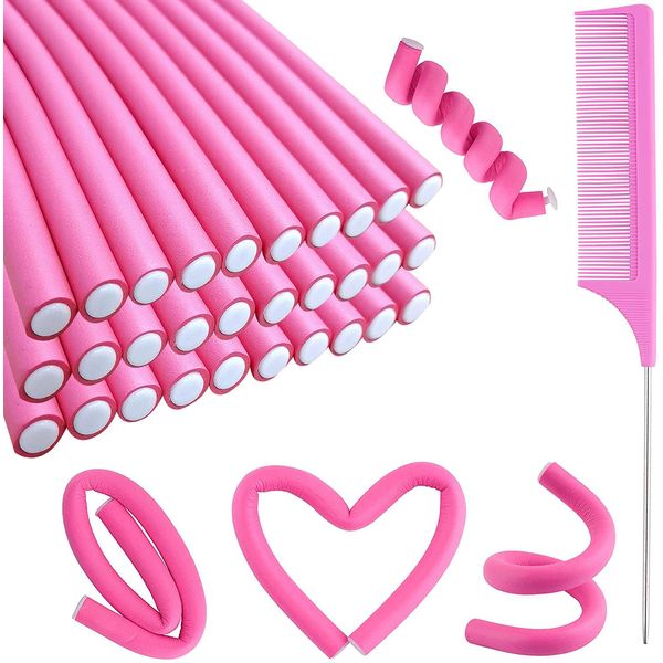 30PCS 9.45" Flexi Rods Curlers Set for Short and Long Hair, No Heat Foam Rollers with Steel Comb