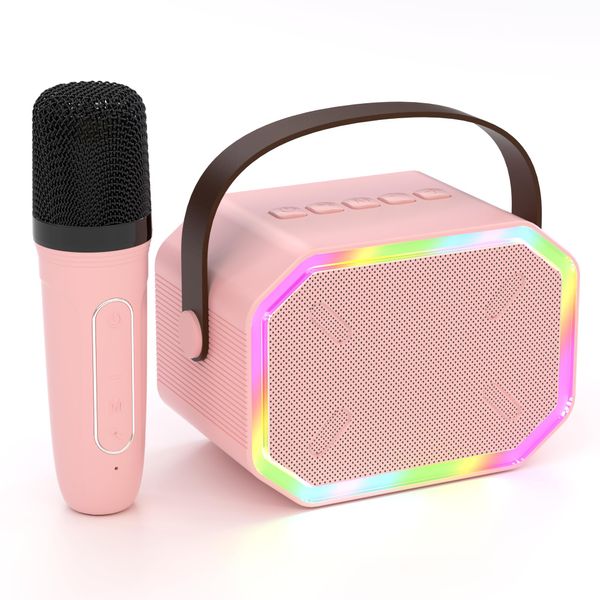 Mini Karaoke Machine for Kids Adults, Portable Bluetooth Speaker with Wireless Microphones and LED Colorful Lights, Kids Gifts Toys for 4 5 6 7 8 9 10 11 12+ Year Old Girls Boys Birthday Gifts（Pink）