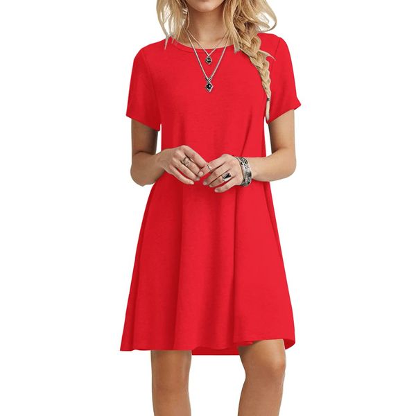 POPYOUNG 2024 Women's Summer Short Sleeve Casual Dresses Crewneck Beach Cover up X-Large, Red