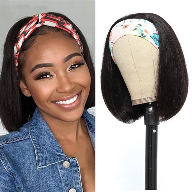 Miss Lee Straight Bob Headband Wig Human Hair None Lace Wigs for Black Women Glueless Short 100% Brazilian Virgin Head Band Easy to Install Half with Free