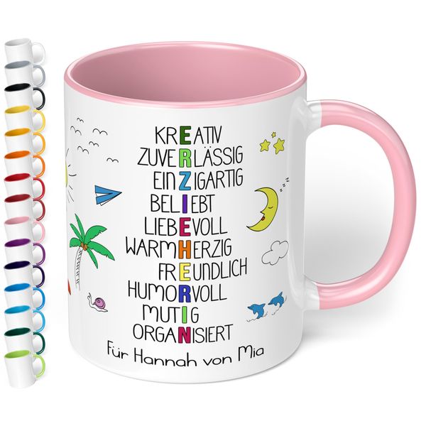 True Statements Dankeschön Kita Abschieds-Geschenk: Keramik-Tasse personalisiert „Erzieherin - beliebt, liebevoll, warmherzig“ für Kindergarten - 330ml (Rosa)