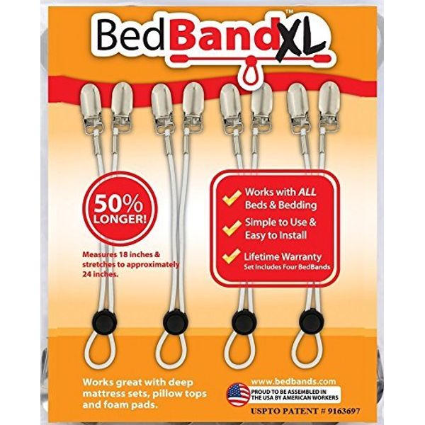 Bed Bandxl. Not Made in China. USA Worker Assembled. 50% Longer. Smooth Sheets on Any Bed. Bed Sheet Band, Holder, Gripper, Suspender, Strap. Sleep Better.