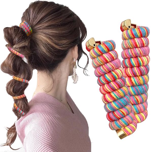 Rainbow Wool Teleties Colorful Spiral Hair Ties for Women No Damage Coil Hair Ties for Girls Hair Scrunchies Telephone Wire Hair Tie Elastic Hair Bands Ponytail Holders Telephone Line Hairties, 2pcs