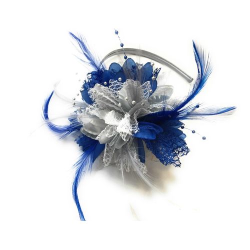 Caprilite Royal Blue and Silver Fascinator on Silver Grey Headband for Ascot Weddings