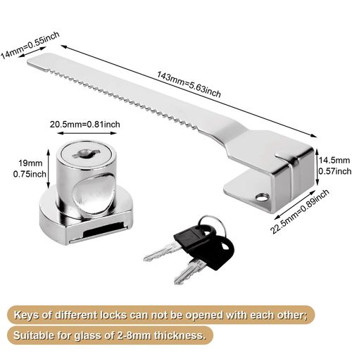 CYEER 8 Set Reptile Vivarium Locks, Sliding Glass Door Cabinet Door Locks, Showcase Display Ratchet Locks with 16 Keys for Drawer Cabinet - Sliver