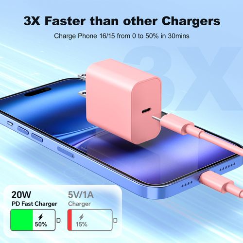 Compatible with iPhone 15 Charger,3 Pack 20W USB C Fast Wall Charger with 60W 10ft USB C to C Cables,10ft Type C Charging Cord Compatible with iPhone 16/15 Plus/Pro Max/Pro/Samsumg S24/S23,Pink