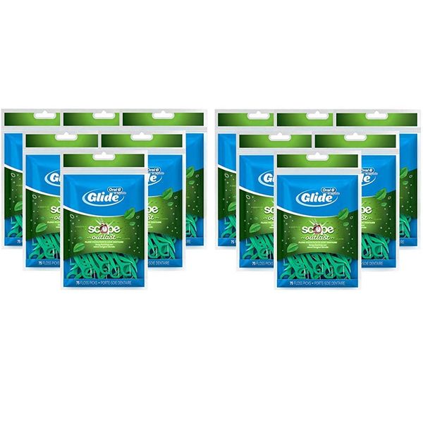 Oral-B Complete Glide Dental Floss Picks Plus Scope Outlast, Long Lasting Mint, 75 Dental Floss Picks, (12-Pack)