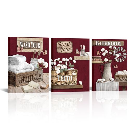 LoveHouse Bathroom Wall Art Rustic Bathrom Canvas Wall Art Farmhouse Bathroom Decor Painting Artwork (Burgundy)