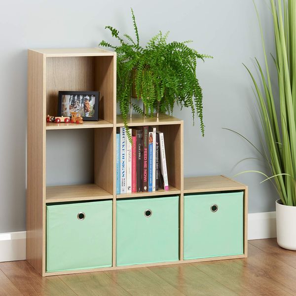 Hartleys Oak 6 Cube Shelving Unit and 3 Easy Grasp Box Drawers - Mint