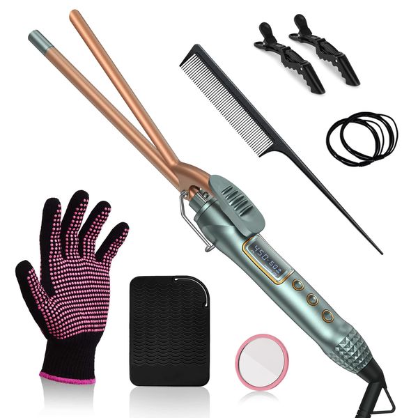 Vogewood 3/8 Inch Small Curling Iron, 9mm Tiny Curling Wand for Medium & Long Hair, Ceramic Small Barrel Curling Iron with Adjustable Temperature, with Heat Resistant Glove and Pad, 9-in-1 Gift Set