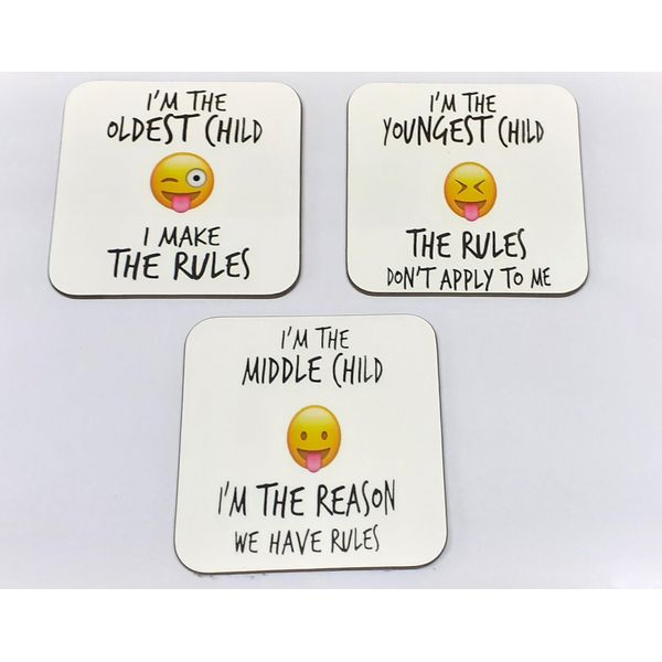 Youngest, Middle and Oldest Sibling, Child, Wooden Coaster Set