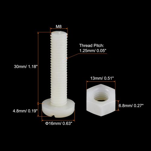 sourcing map 20 Pairs Nylon Screw Nut Assortment, M8x30mm Slotted Pan Head Screws & M8 Hex Nuts for Machinery, Electronics, White