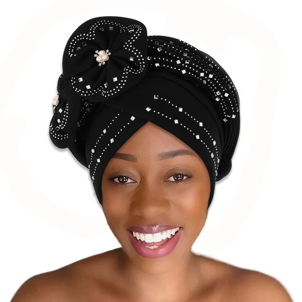 IYOU Blume Afrikanischer Turban Headwrap Schwarze Vorgebundene Kopfbedeckung Kristall Haube Beanie-Mütze Haarbänder für Frauen Mädchen