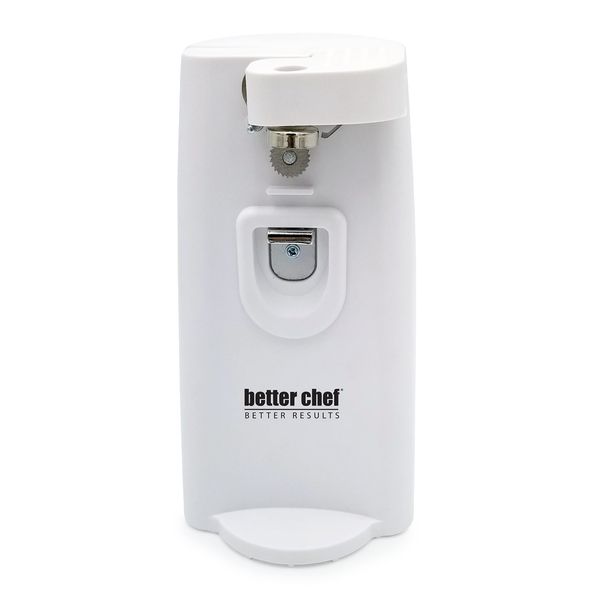 Better Chef Electric Tall Can Opener | 3-in-1 | Built in Knife Sharpener & Bottle Opener | Cord Storage | Auto-Stop (White)