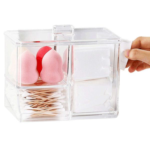 Cotton Buds Dispenser Makeup Organiser,Cotton Balls Holder Cotton Pads Swab Holder Organizer with Lid 3-Grid Q-tip Dispenser Organizer Container Makeup Pad Box Case