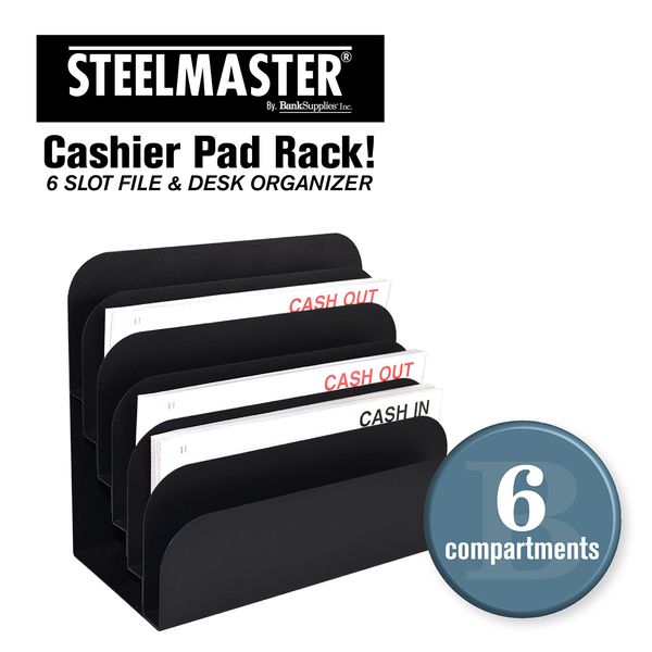 STEELMASTER by BankSupplies Steel Cashier Pad Rack | 6 Slot File & Desk Organizer | Paper Organizer | Black Powder Coat Finish | Scratch & Chip-Resistant | Forms, Applications, Deposit Slips & Checks