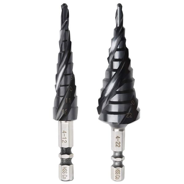 XMSSAA 3-Blade Step Drill for Stainless Steel, Set of 2, Hexagonal Drill Bit, Titanium Nitride Aluminum Coating, Cobalt High Speed Steel, Spiral Drill, Bamboo Shoot Drill, Conical Drill