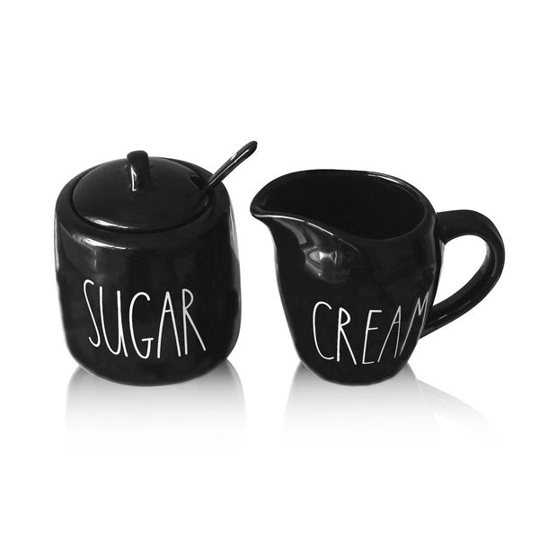 Sugar and Creamer Set, Cream Container and Sugar Holder Set for Coffee Bar, Farmhouse Sugar Bowl with Lid and Spoon, Ceramic Sugar Dispenser and Creamer Pitcher Set for Countertop (Black)