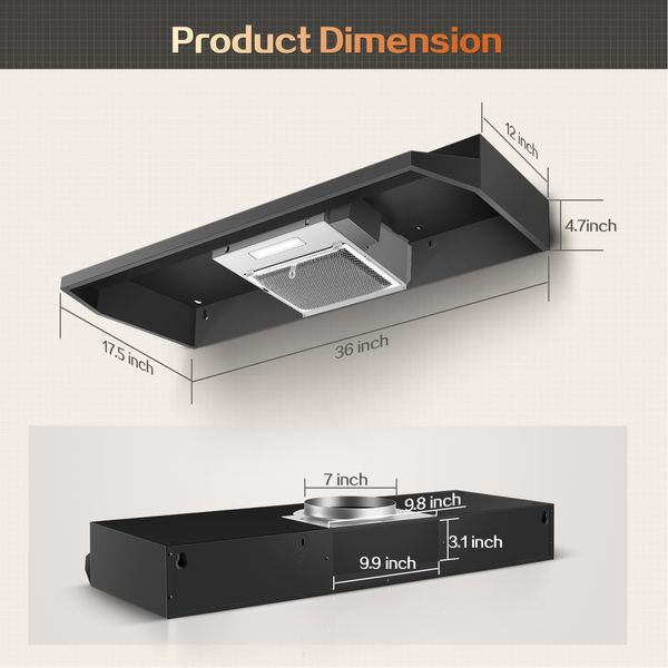 36 inch Kitchen Under Cabinet Range Hood 2 Speed 280CFM Vent w/LED Black