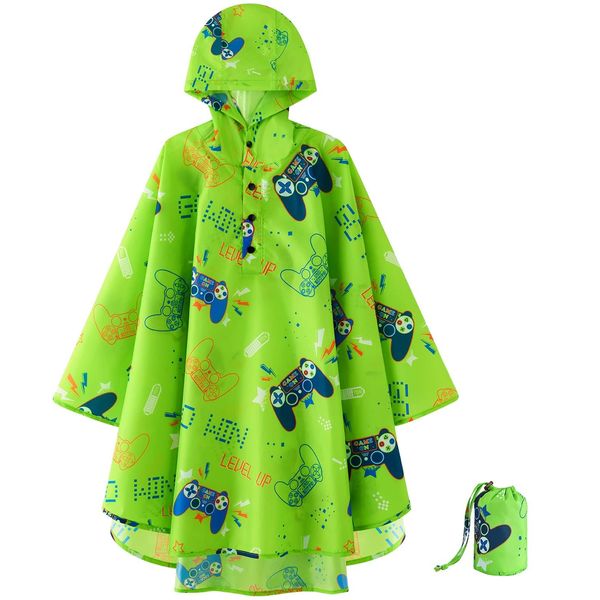 Kids Rain Poncho Reusable Toddler Raincoat Waterproof Rain Jacket for Age 3-15 Portable Rain Wear With Hood Outdoor Green Rain Coat with Pouch Bag for Boys and Girls