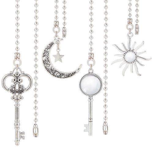 BENECREAT 4Pcs Alloy Ceiling Fan Pull Chain Extenders, Key Star and Moon Ceiling Fan Extension with Stainless Steel Ball Chain for Ceiling Light Fans Lamps and Wall Lights