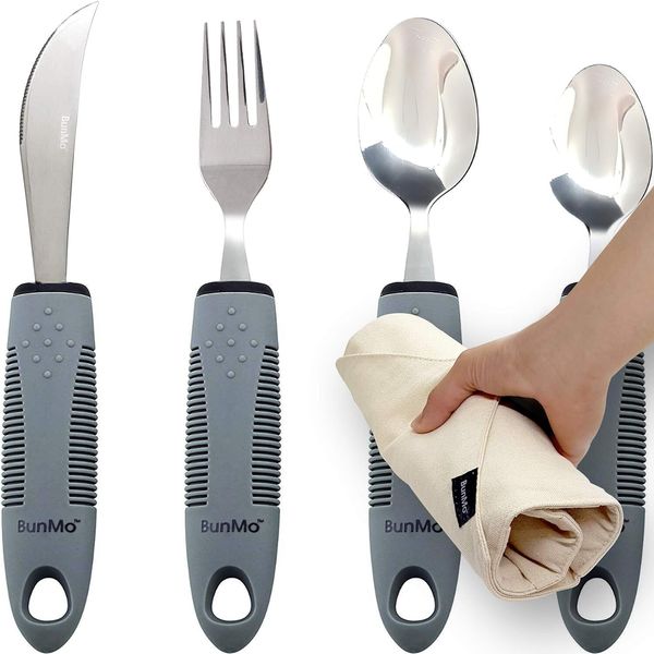 Adaptive Flatware Utensils Set 4 Piece Gray Easy Grip For Seniors With Arthritis