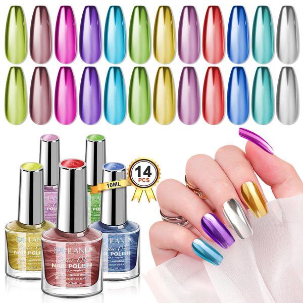 SAVILAND Metallic Nail Polish Set: 12 Colors Mirror Chrome Glitter Nail Polish 0.34oz Holographic Red Silver Pink Nail Polish Quick-Dry Base Top Polish Coat for Fingernail Toenail French Manicure Art