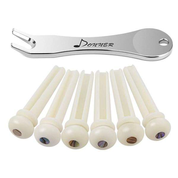 Donner Acoustic Guitar Bridge Pins, 6PCS White Bone Bridge Pins Inlaid 3mm Abalone Dot with Guitar Pins Puller and Sandpaper