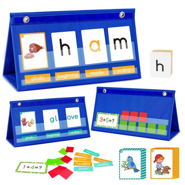 3 in 1 CVC Word Games Word Building Desktop Pocket Chart Phonics Flash Cards Kit, Sight Words Games, Blends, Digraphs, Math Manipulatives for Kids Kindergarten Classroom Must Haves