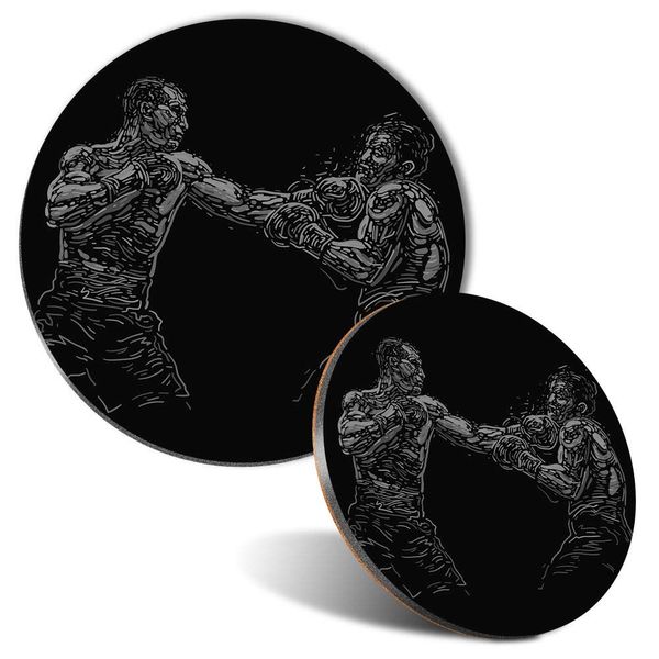 Mouse Mat & Coaster Set - BW - Boxing Match Boxer Fighting Punch 20 cm & 9 cm for Computer & Laptop, Office, Non-slip Base #42624