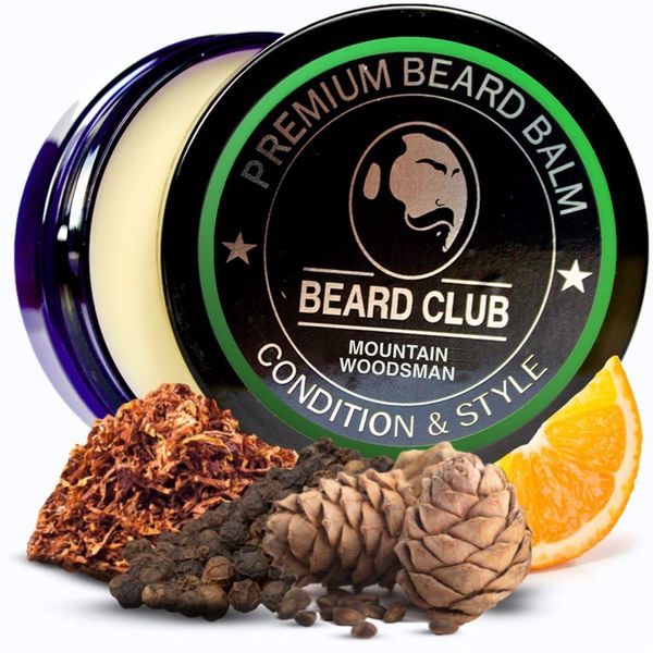 Beard Club Beard Balm for Men - Mountain Woodsman - Premium Beard Conditioner and Softener for Shaping and Styling, Prevents Itching and Flaking - Natural and Organic - Butter Beard Wax for Men