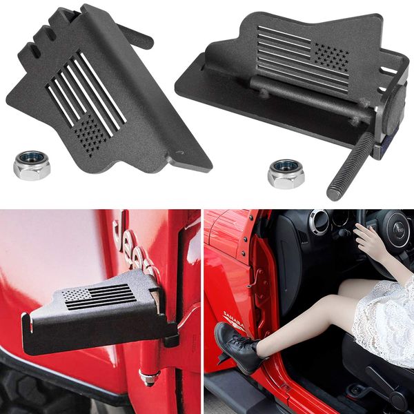 Front Foot Pegs Rest Pedal Exterior Door Hinge For Jeep Wrangler 2007-2023 JK JKU JL JLU Sports Sahara Freedom Rubicon Unlimited Gladiator JT 2-Door 4-Door US Flag Metal Black (2PCS)