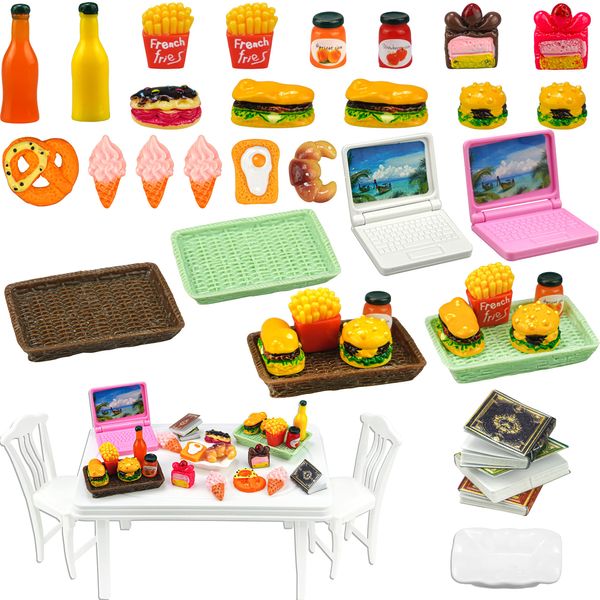 30 Pcs Miniature Food Drinks Laptop Computer Books Toys Dollhouse Miniature Furniture Plastic Table Fits Accessories Scale Dollhouse Playsets Girl Mini Drink Food Party