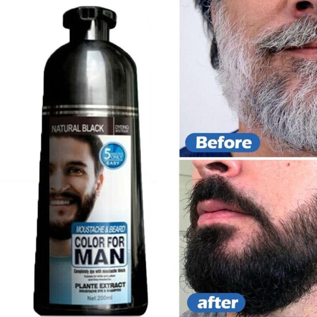 Men 2 in 1 Beard Mustache Natural Hair Color Shampoo Permanent Black Dye 200ML