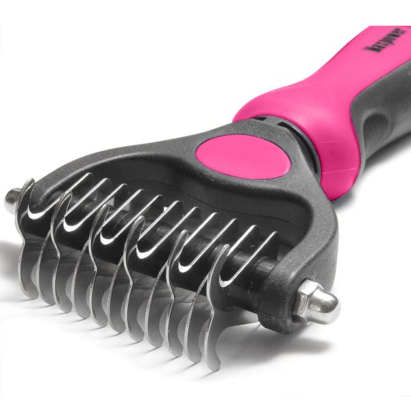 Maxpower Planet Pet Grooming Brush - Double Sided Shedding, Dematting Undercoat Rake for Dogs, Cats. Extra Wide Dog Grooming Brush, Dog Brush for Shedding, Cat Brush, Reduce Shedding by 95% (Pink, S)