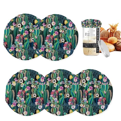 5 Pack Sourdough Starter Cloth Covers,Blooming Cactus Succulents Flowers Reusable Cloth Lid Top Cover for 3-4 Inch Jar Mouths,for Kombucha,Kefir,and Cheese Fermentation